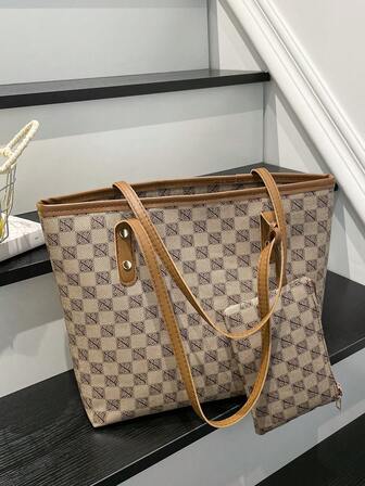 Korean Style Commuter Large Capacity Tote Bag, New Fashion One Shoulder Bag, Plaid Print Handbag With High Appearance, Suitable For Shopping, Wallet, Shopping, Young Women, College Students, Newbies, White-Collar. Suitable For Office, University, Work, Business, Commuting, Outdoor Activities, Travel And Outing