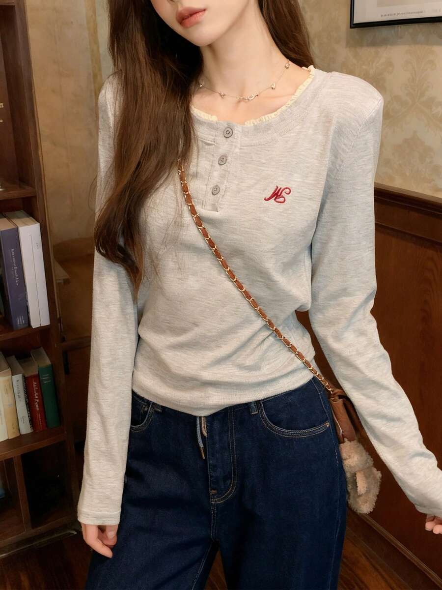 女士字母刺绣纽扣半开襟长袖休闲衬衫 - 淺灰色 - 查看 1