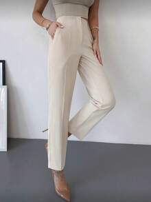 Women's Elegant Office Pleated Side Pocket Slim Pants - Apricot - View 4