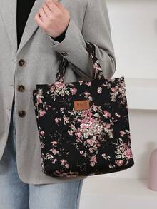New Arrival, Thickened Floral Print Fabric Tote Bag, Large Capacity Portable Lunch Box Storage Bag, Suitable For Work Commute, Carrying Lunch, Outdoor Shopping, Lunch Box Storage, Daily Use, Cloth Bag, Lunch Bag, Hand-Held Bag. Back To School Season, Retro Cooler Bag Waterproof For Women For Men For Picnic For School - Black - View 10