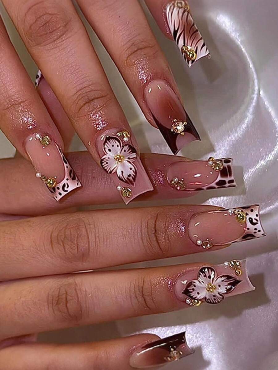 24片/套 Y2K 复古棕色 3D 花朵法式渐变，饰以珍珠和水钻美甲贴纸，适合女孩/女士日常佩戴和夏季海滩，美甲用品 - 彩色 - 查看 1