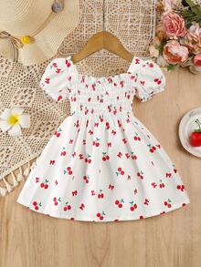 Spring/Summer Valentines Day Girls Dress, Elastic Waist Puff Sleeve Short Sleeve Dress, Cherry Blossom & Bow Print, Sweet & Cute, Casual Everyday/Holiday Outfit - White - View 3