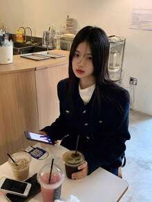 Women's Casual Blue Short Jacket, Autumn/Winter New Arrival - Navy Blue - View 3