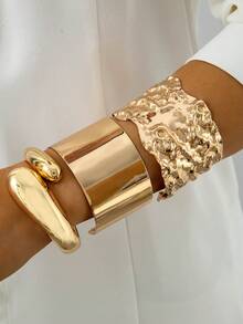 3pcs Set Minimalist Chic Metal Smooth Geometric Open Bangle Bracelet Set, Unique Gift For Women Suitable For Music Festivals And Parties - 31667-bra-g-eP - View 3