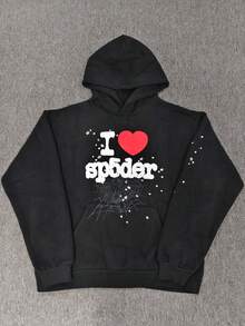Girls Street Style Hoodie Couples Set With Fashion Spider Web Pattern And Spider Letter Foam Print Design Celebrity Inspired Hip Hop Spider Web Sweatpants And Hoodie Outfit Set - màu đen - Xem 5