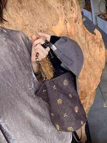 小众设计铆钉刺绣水桶包，夏季牛仔效果单肩包，新款中国风时尚百搭通勤休闲斜挎包，女士款 - 咖啡 - 查看 3