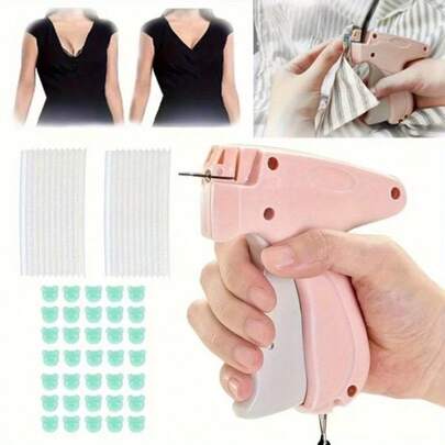 Mini Stitch Gun Kit - Quick Clothing Fixer & Tagging Gun For Clothing, Includes 100 Night Glow Bear Buckles & 1100 White Rubber Needles (Pink), Ideal For Quick Repairs & Tagging