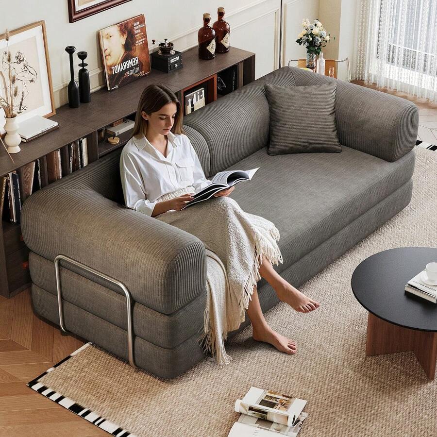 78.8" Compression Sofa,Convertible Floor Sofa Bed-With Pillow Back Support Armrest,Comfy Futon Couch Sleeper Bed,Loveseats Boneless Modular Sectional Sofa,Corduroy Fabric,For Living Room,Bedroom,Green - 灰色沙發 - 查看 1