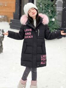 Girls Classic Letter Print Fuzzy Collar Hooded Warm Jacket