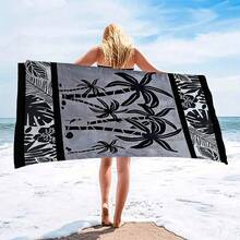 1pc Tropical Rainforest Beach Towel, Quick-Dry, Soft, Absorbent Polyester, Modern Design - Black and White - View 1