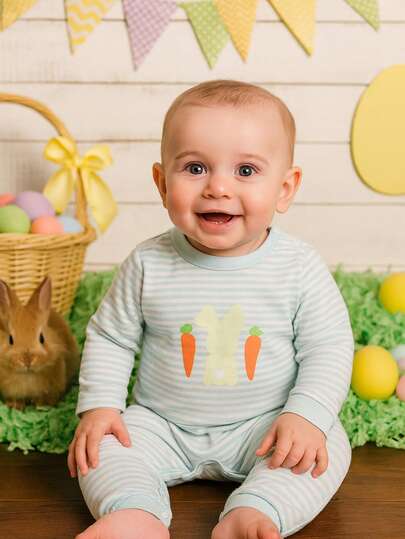 男婴可爱休闲复活节兔子胡萝卜印花条纹圆领长袖连体衣，舒适面料，秋冬假日版