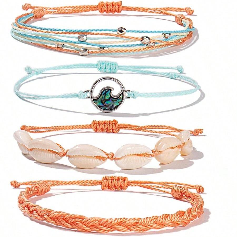 FANCY SHINY Wave String Bracelets Braid Puka Shell Bead Bracelets Handmade Cute Boho Easter Jewelry Gifts For Women - Coral - 查看 1