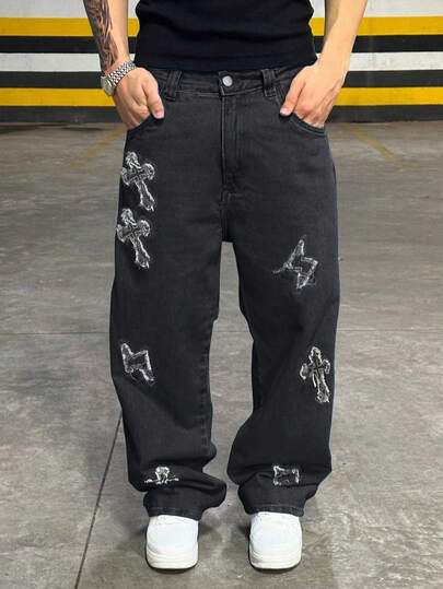 Jeans de mezclilla de unicolor bordados con estilo callejero, sueltos y personalizados para hombres, con estética grunge, gótica y Y2K, para uso casual y deportivo en cualquier temporada