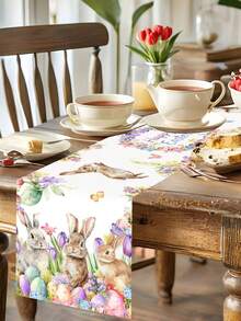 1pc Colorful Rabbit Easter Table Runner, Featuring Rabbit Wreath Pattern, 35*180cm Polyester Farmhouse Style Easter Table Runner, 2026 Easter Home Decor, Kitchen Dining Table Decoration, Spring Holiday Decor - Multicolor - View 10