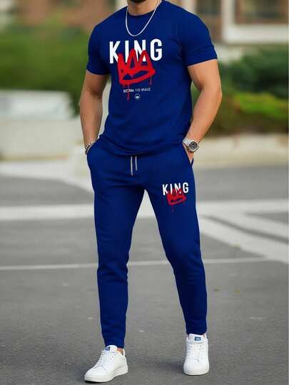 男士撞色字母印花短袖T恤和裤子套装