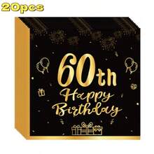 Birthday Greeting Pattern Napkins With Golden Seals, Suitable For People Aged 18/21/30/40/50/60. Disposable Party And Gathering Paper With Patterns, 20 Sheets Per Pack. - Black - View 11
