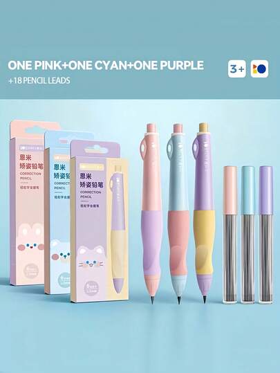 7pcs/Set Automatic Correction Pencil + 6 Refill Leads, 2.0mm Lead, Regular Refill, Suitable For Calligraphy Practice And Posture Correction, Thicker Lead With Built-In Sharpener