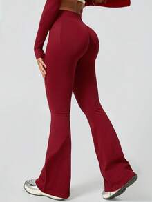 NcmRyu 1件装女士纯色无缝简约高腰弹力提臀喇叭运动裤 - 紅色 - 查看 6
