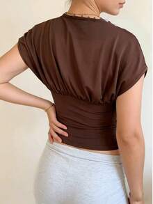 New Stylish & Elegant Women Open Shoulder Adjustable Button Collar Blouse, Sexy Casual Everyday Wear, Suitable For All Seasons Summer - Brown - View 2