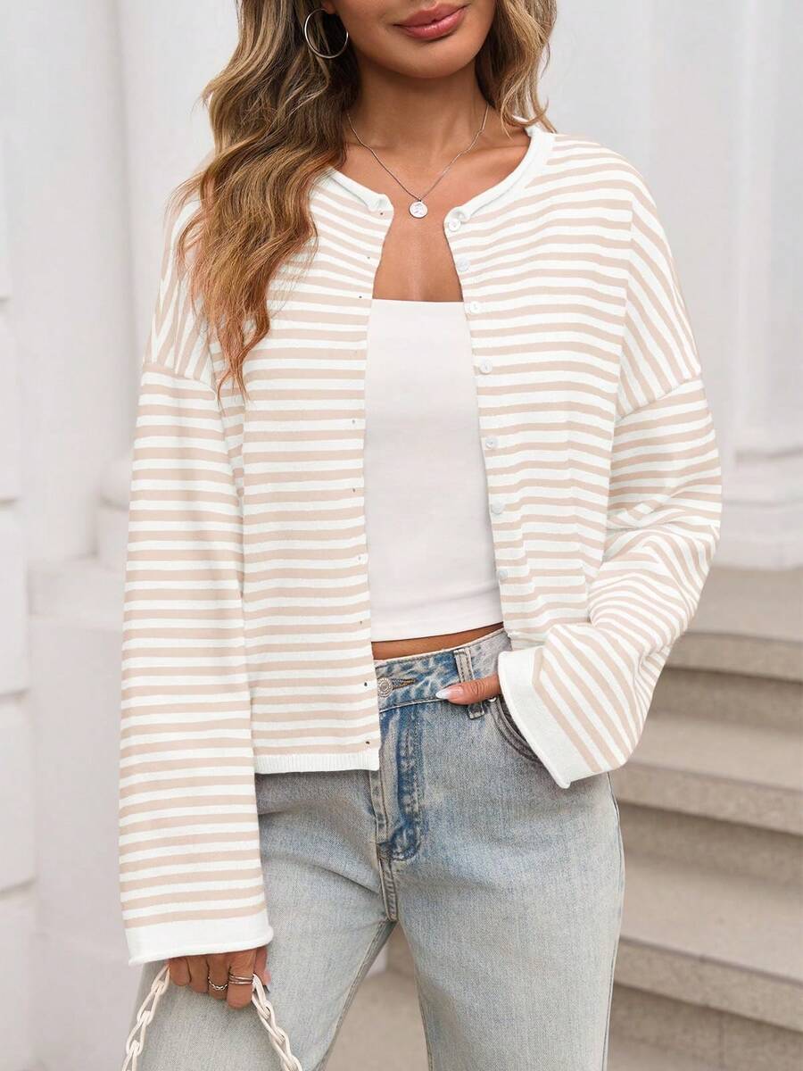 Women's Striped Cardigan Long Sleeve Open Front Button Down Lightweight Loose Knit Fall Winter Sweater - 白色 - 查看 1