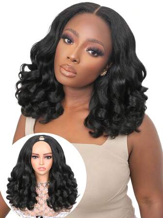 Yaki Curly V Part Wig U Part Synthetic Half Wigs For Black Women 18/22 Inch Heat-Resistant Hair Replacement Wig (Natural Black)