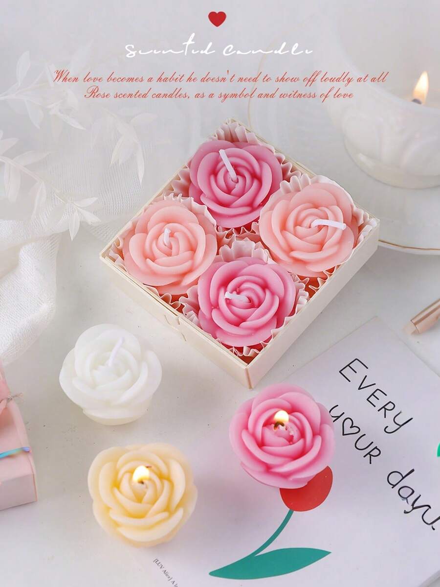 4 Pieces /Set Of Rose Scented Candles, Each Box Contains Four, Pink, Purple, Champagne, White Flower Candles, Lavender Fragrance, Rose Fragrance, Home Decoration, Valentine's Day Gift, Wedding Decoration, Party Table Decoration, Candle Ornaments On The Table, Christmas Gift, Gift For Friends Suitable For Any Occasion: Christmas, Birthday, Mother's Day, Father's Day, Anniversary Gifts, Thanksgiving Day, Valentine's Day - Multicolor - View 1