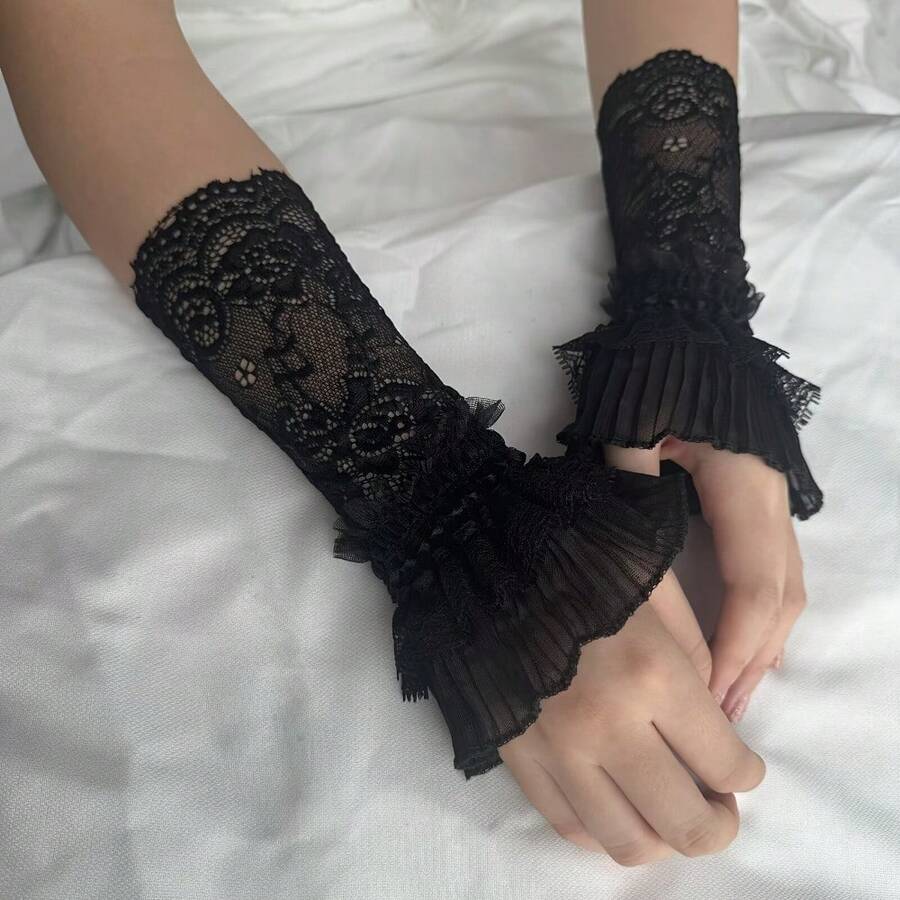 1 Pair, New Lace Sleeves For Autumn And Winter, Women's Spring And Summer Wrist Guards Decorative Gloves, Sweet Wind Gloves, Suitable For Weddings, Birthdays, Anniversaries And Christmas Decorations, Women's Special Occasion Gloves - màu đen - Xem 1