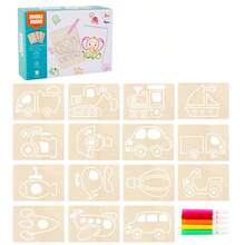 儿童木制镂空画板套装，适合男孩女孩绘画描摹，儿童圣诞节礼物和生日礼物 - 彩色 - 查看 12