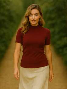 Women's Short Sleeve Blouse | Basic Elastane | Round Neck Blouse | Women's Ribbed Knit Short Sleeve Basic Turtleneck Various Colors | Women's Basic Knit Blouse Turtleneck Short Sleeve Casual Look | Women's Fitted Ribbed Knit Short Sleeve Crew Neck Comfortable | Women's Short Sleeve Basic Knit Blouse Elegant Various Colors | Women's Basic Knit Blouse Short Sleeve Turtleneck Versatile For Everyday - 紅木色 - 查看 6