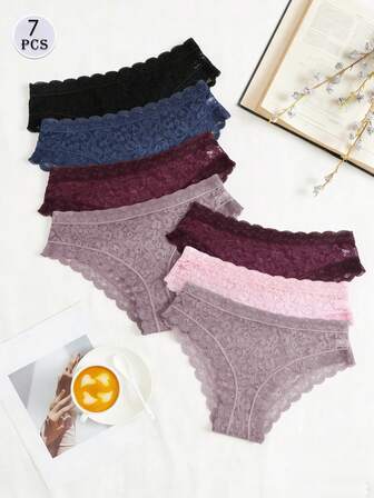 7pcs/Pack Women Lace Bikini Panties, Sexy Printed Seamless Comfortable Breathable Underwear