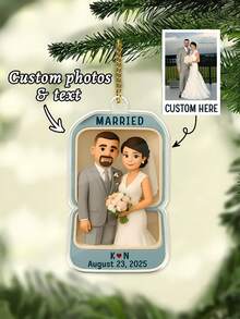 1pc Custom First Christmas Married Ornament, Just Married Acrylic Ornament, Custom Photo Wedding Gift, Couple Ornament 2025,Custom Gift For Bride Groom,Custom Wedding Cartoon Photo And Name Date Ring Box Style Ornament,Personalized Gifts - Multicolor - View 8