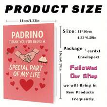 一张温馨感谢卡，含信封（11厘米 x 16厘米，4.33英寸 x 6.29英寸）——“教父，感谢您成为我生命中特别的一部分”，柔和的红色背景，配以握手、爱心和纸杯蛋糕图案，完美表达对教父的感激之情，情感贺卡 | 家庭贺卡 | 纸质贺卡