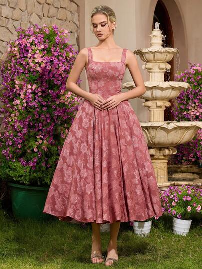 Elegant Women's Wide Strap Square Neck Sleeveless High Waist Backless Tie A-Line Midi Dress, Suitable For Prom, Birthday Party, Formal Dinner, Homecoming, Wedding Guest, Cocktail Party, Family Gathering And Other Occasions