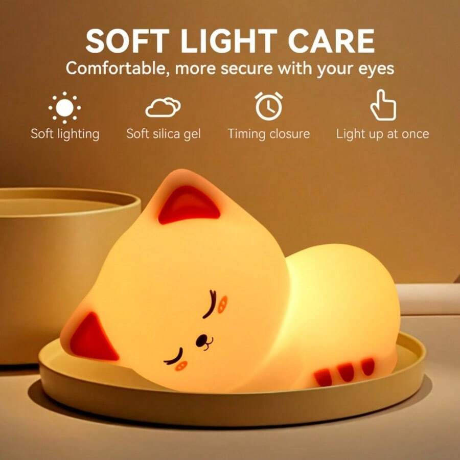 Rechargeable 7-Color LED Cat Night Light - Soft Silicone Material, USB Powered, Touch Control, Dimmable, Suitable For Bedroom Decor - Sleepy Cat - View 1