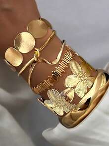 6 pièces Ensemble de bracelets larges en métal doré avec design géométrique vintage exagéré et luxueux, convient pour un port quotidien et en cadeau - Or 4 - Voir 3