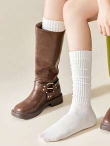 2 Pairs Women's Black & White Simple Slimming Calf Socks, Warm Long Socks Suitable For Daily Wear With Leather Shoes, Autumn/Winter, Cozy Socks - 黑色+白色 - 查看 3
