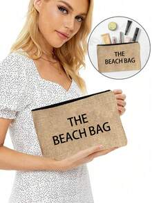 大容量亚麻手提袋，饰有“沙滩包”字母图案，便携式超大购物袋，多功能收纳袋，休闲亚麻包，轻便购物袋，附赠便携式旅行化妆包、沙滩包、简约零钱包、洗漱包，适合通勤、购物、旅行，新年礼物、情人节礼物 - 彩色 - 查看 5
