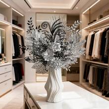 1set/5PCS Modern Monochromatic Large Bouquet: Black & Silver Artificial Roses With Silver Dollar Eucalyptus, Statement Centerpiece For Fireplace Mantel, Dining Table, And Contemporary Christmas Decor - Black - View 10