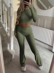 Vaiaye Damen 2-teiliges Set, Y2K Lässig Loungewear, Outdoor Sport, Yoga, Formwäsche, einfarbiger gestrickter Rundhals-Langarmoberteil und figurformende enge Hose. Geeignet für Valentinstag, Karnevals-Party-Outfits - Grün - Übersicht 2