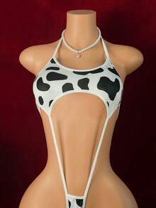 动漫可爱波尔卡圆点奶牛图案比基尼，性感内衣连体衣，角色扮演性感内衣，狂野 - 白色 - 查看 2