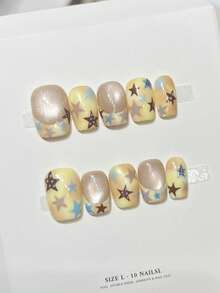 10片手工方形亚克力美甲贴片，短款，柔和浅米色，黄色渐变，香槟色亮面猫眼，法式美甲，手绘星形波点，前卫优雅简约秋季美甲，秋季贴片美甲，冬季假指甲，节日美甲，派对日常及约会适用，海滩热带度假皆宜，DIY美甲，适合女性和女孩作为礼物美甲用品 - 彩色 - 查看 3