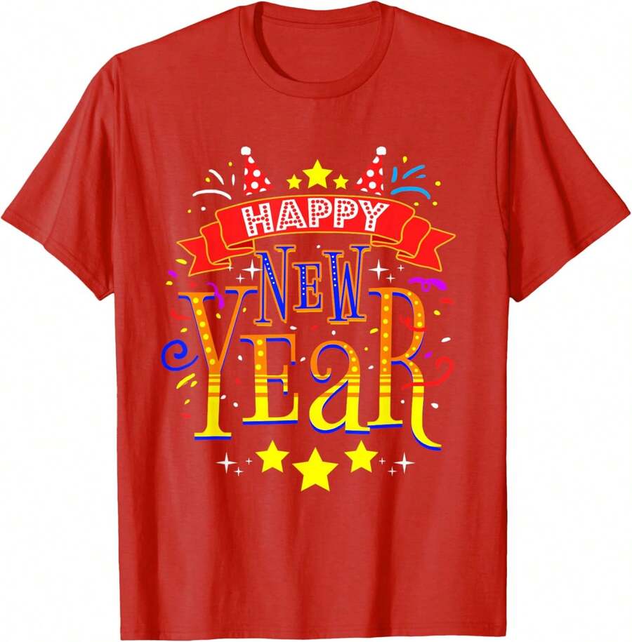 Happy New Year Design Unisex-Adults New Year's Eve 2026 T-Shirt Black/White/Red/Grey Autumn Letter Pattern 100% Cotton T-Shirt For Women - 220g Soft Touch, 1pcs Daily Outfit Essential​ - 紅色 - 查看 1