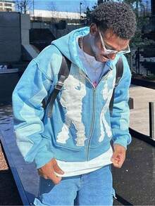 Men's Y2K Hoodie Fashion High Street Personality Hip-Hop Style Letter Print Hooded Cardigan Jacket - Blue - View 1