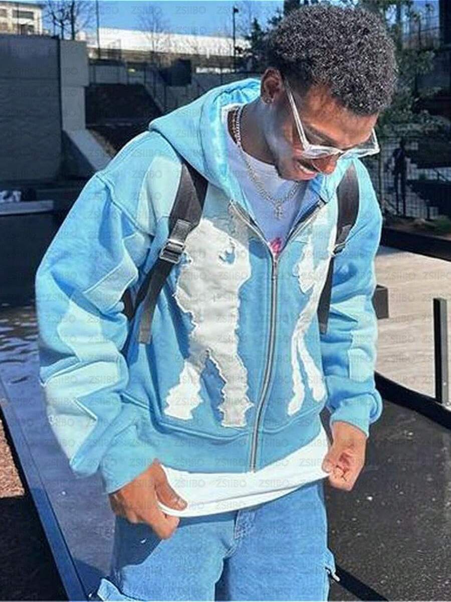Men's Y2K Hoodie Fashion High Street Personality Hip-Hop Style Letter Print Hooded Cardigan Jacket - Blue - View 1