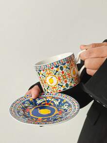 Bộ 1 tách cà phê sữa bằng gốm sứ cao cấp kèm đĩa lót, bộ tách cà phê và đĩa lót bằng gốm sứ họa tiết hoa, quà tặng trà chiều thanh lịch, tách cà phê và đĩa lót. - Nhiều màu - Xem 7