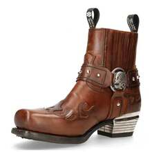 New Men's Short Boots Embroidered Thick Heel Black Burnt Flower Roman Style Punk Boots - Brown - View 1