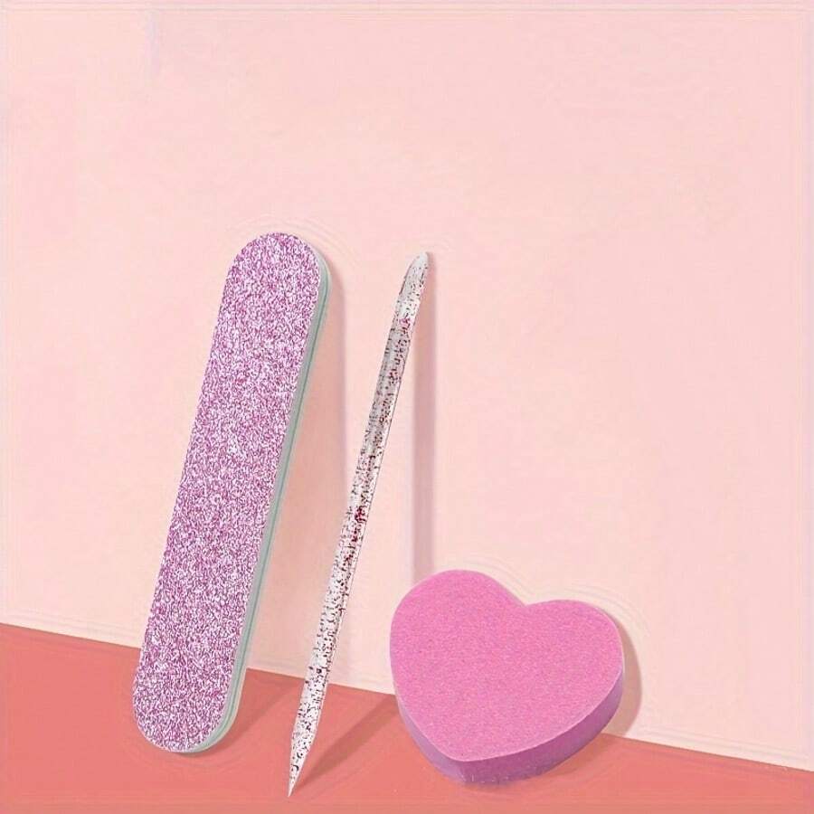 3pcs Women's Manicure Tools Set, Crystal Dotting Pen, Heart-Shaped Nail Buffer Block, Wooden Nail File - Multicolor - View 1
