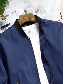 Men's Comfortable Collared Jacket - Soft Solid Color, Zip Closure, Long Sleeve, Business Style, Suitable For Outdoor Activities And Casual Wear, Versatile And Breathable - Blue - View 3