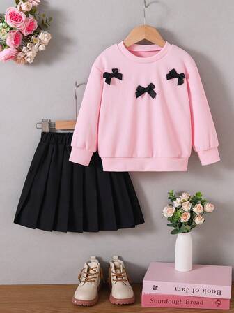 2 st/set långärmad tröja med rund hals, rosett och veckad kjol för småbarn, vår/höst