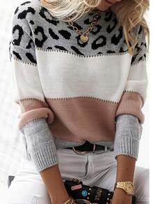 Women's Casual Daily Leopard Print Patchwork Knit Sweater, Autumn/Winter - Multicolor - View 4
